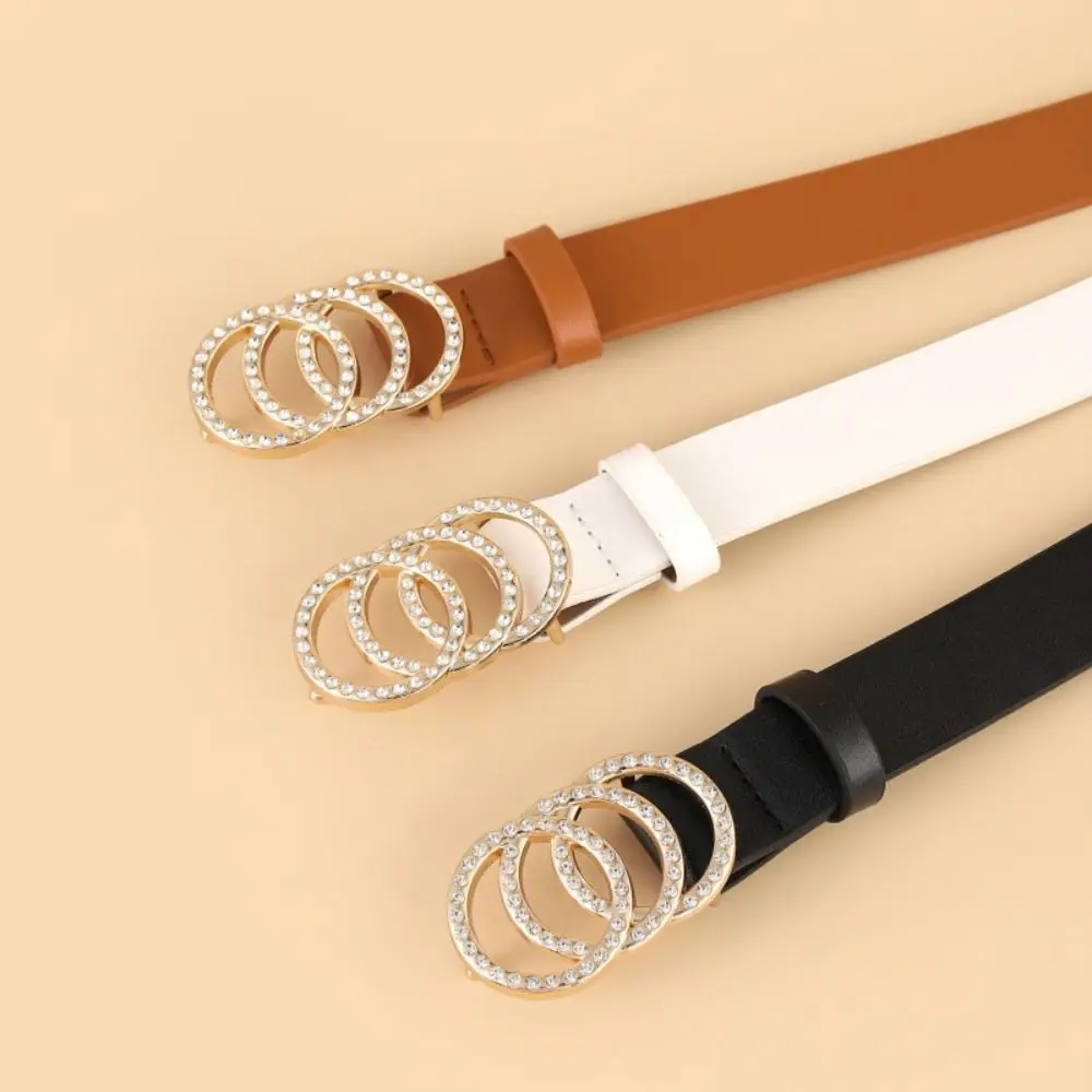 

with Three Ring Leather Belt Versatile Luxury Design Thin Waist Strap Simple Trendy Rhinestone Slide Buckle Belt For Women