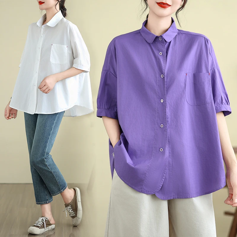 

Loose A-Line Coat Pure Color Midi Sve irt Doll Collar Casual Women's irt Korean Sle Commuting Casual Cotton irt