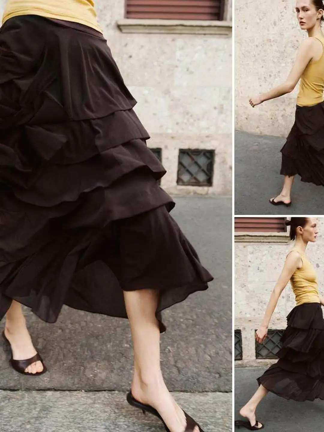 Spring New Asymmetric Hem Midi Skirt Elastic Waist mid Waist Layered Decoration Women's Fashion Citywalk Straight Cut Skirt