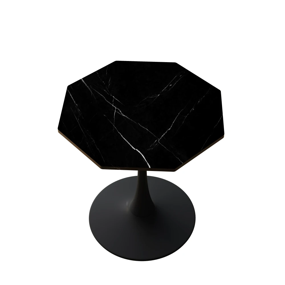 Modern 31.5-inch Octagonal Coffee Table With Printed Black Marble Tabletop And Metal Base Suitable For Kitchen And Living Room