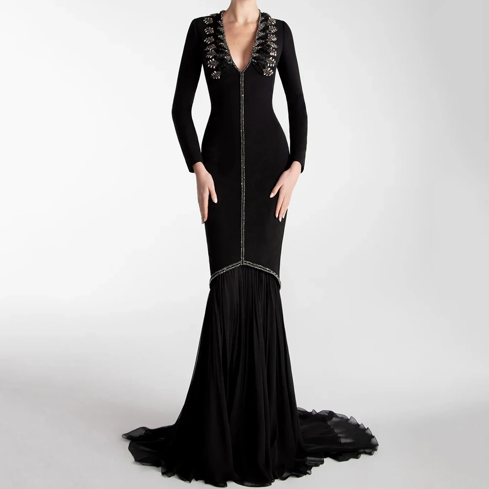 

Customized Mermaid Evening Dresses Floor-length V-neck Full Sleeve Prom Gown Fashion Crystal Sequined Exquisite Party Gown