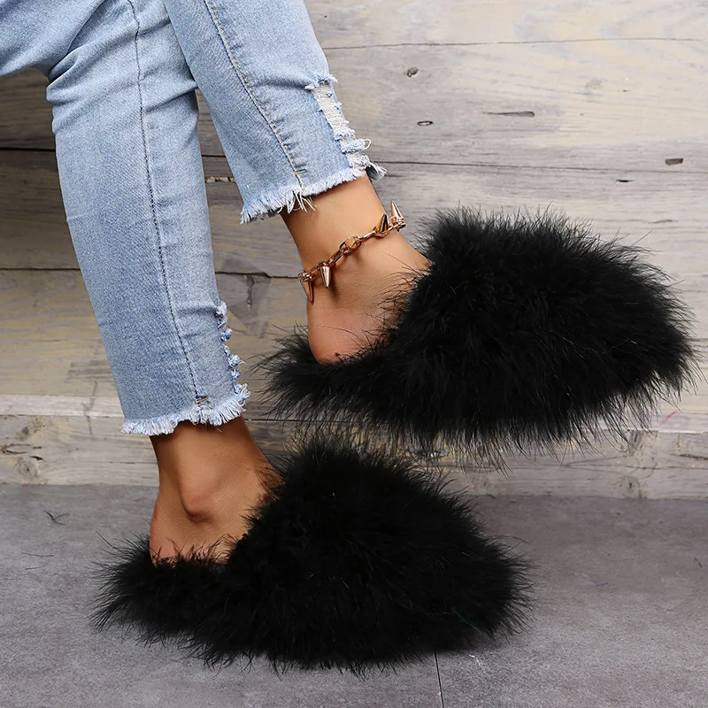 Fluffy Ostrich Feather Slippers for Women, Outdoor Casual Slider, Real Feathers, Luxury, Autumn, Winter, S3228