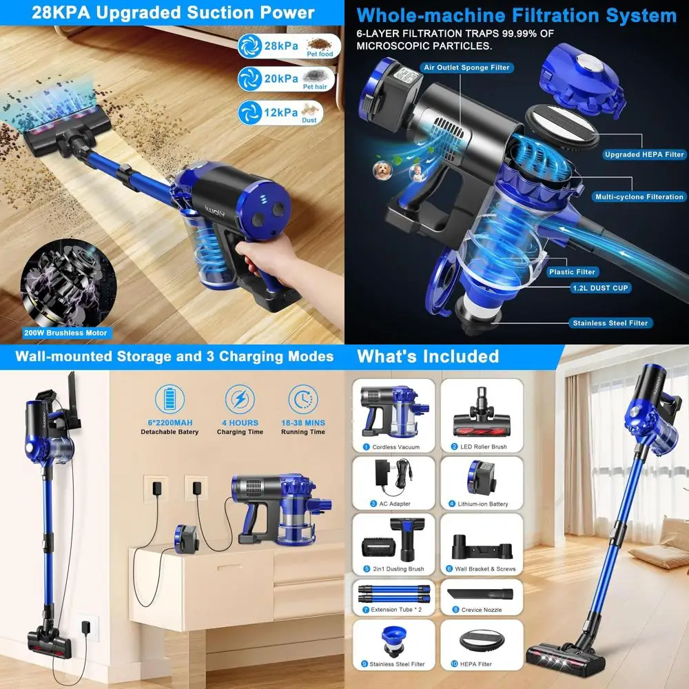 

Мощный беспроводной пылесос 28 кПа: бесщеточный двигатель, фильтр HEPA, 3 режима, съемный аккумулятор, 2 в 1 для твердых полов и шерсти домашних животных