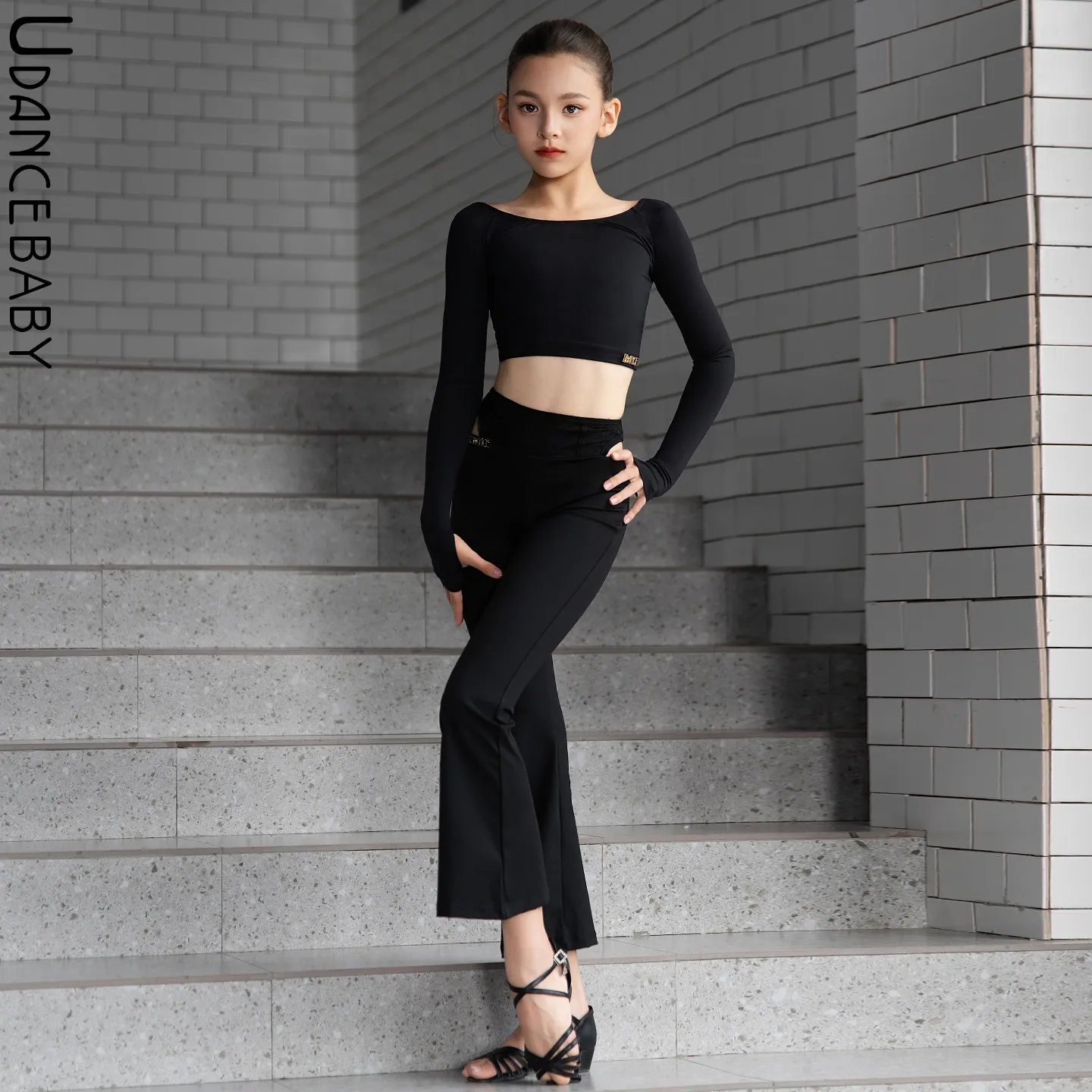 customized Udance Latin dance costume with exquisite high-end feel woven back strap long sleeved top pants US55