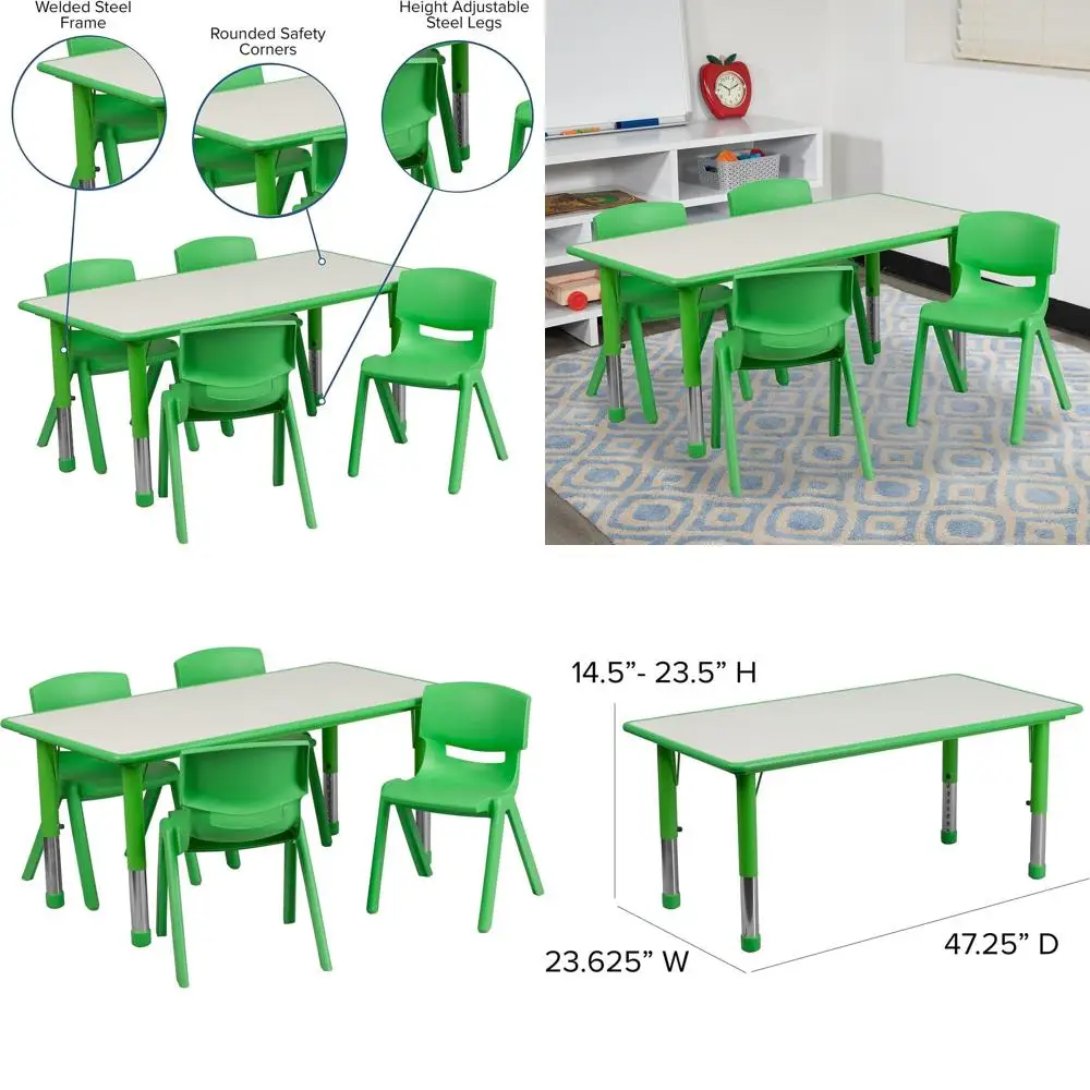 

Зеленый пластиковый стол для занятий спортом с регулируемой высотой, 23,625 дюйма (ширина) x 47,25 дюйма (длина), с 4 стульями