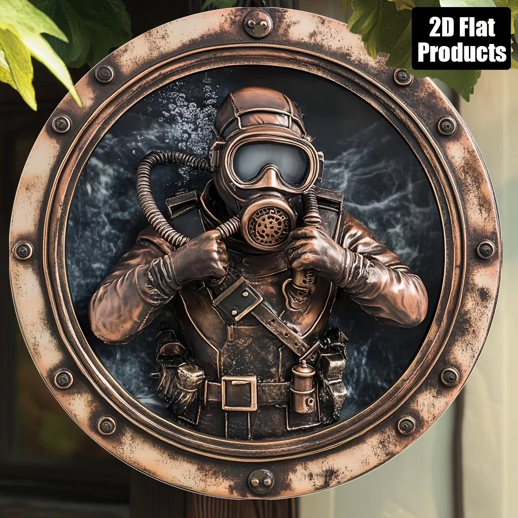 Art mural en plaque ronde, plongeur rétro. Convient aux décorations de bureau de salon familial, cadeau parfait pour les amis