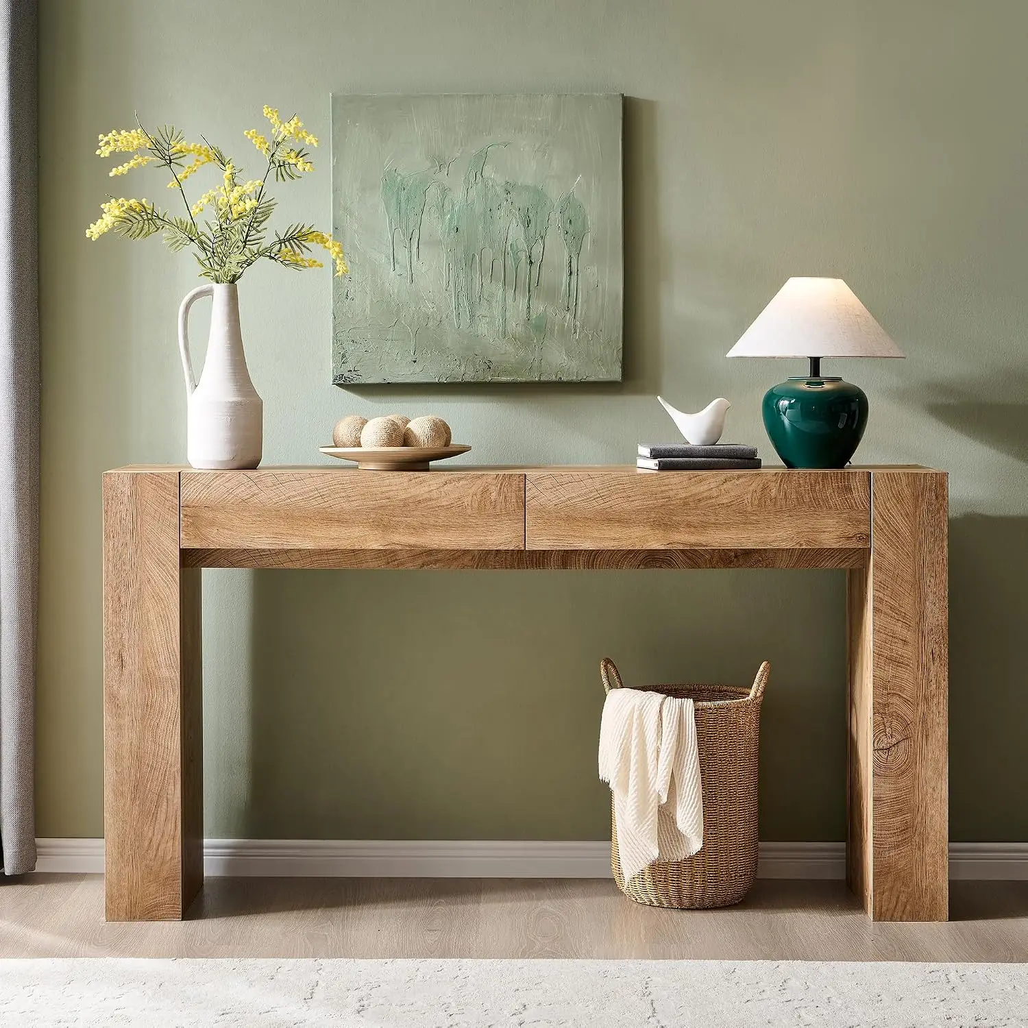 63‑Inch Light‑Oak Farmhouse Console Table with Storage Drawers, Thick‑Frame Narrow Accent Table for Entryway, Hallway and Living‑Room view 3