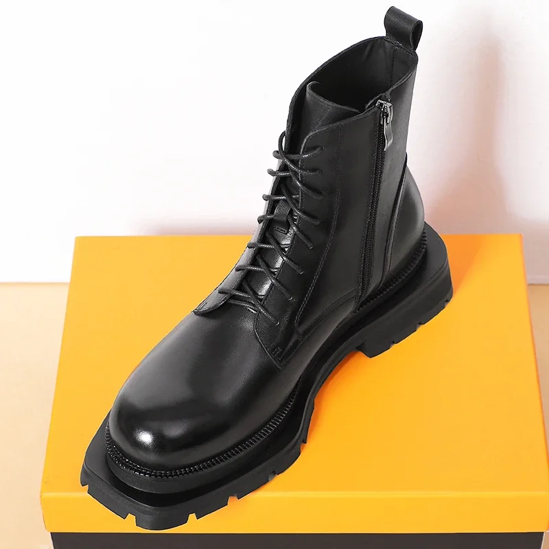 New Fashion Men Ankle Boots Genuine Leather Thick Sole Luxury Motorcycle Boots Street Youth Tide Shoes Outdoor Tooling Boots 