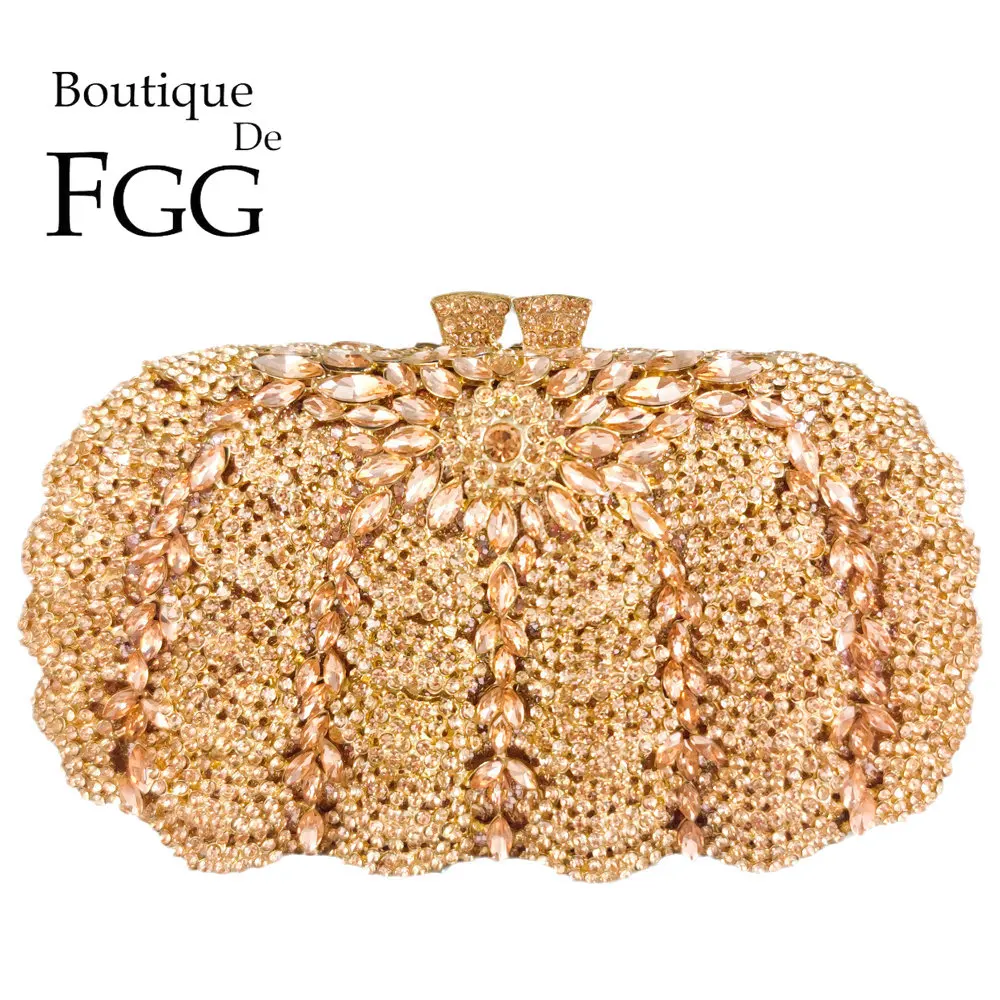 

Boutique De FGG Rosegold Pumpkin Crystal Clutch Women Evening Bags Hollow Out Wedding Purses and Handbags Bridal Minaudiere Bag