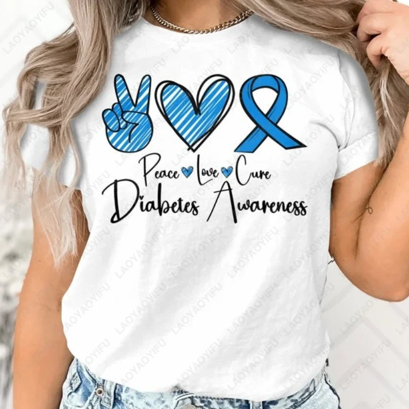 Diabetes Awareness Peace Love Cure Tshirt Blue Ribbon Type 1 Diabetes T1D Awareness Design Clothing Men Women Cotton Lovely Tops