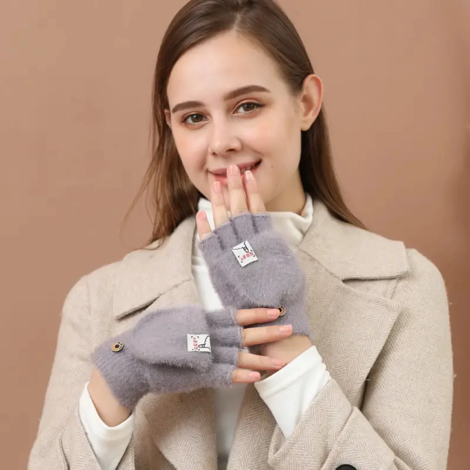 Gants d'Hiver Mignons Chauds et Froids pour Femme, Demi-Doigt, Épais, Griffe de Chat, Étudiant, Équitation, Peluche, Henné, Corps, Paillettes, Héna, Bon Marché