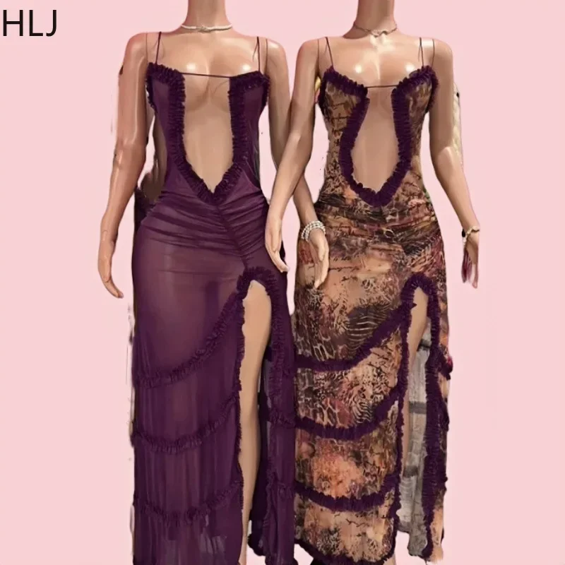 

HLJ Sexy Mesh Printing Sheer Hollow Suspenders Dresses Women Thin Strap Bodycon High Slit Clubwear Fashion Ruched Slim Vestidos