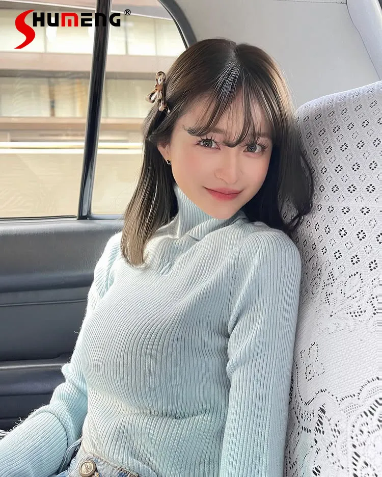 

2026 Spring New Japan Style Sweet Blue Sweater Women's Slim Fit Solid Color Casual Versatile Sweater Lady Knitted Pullover Top