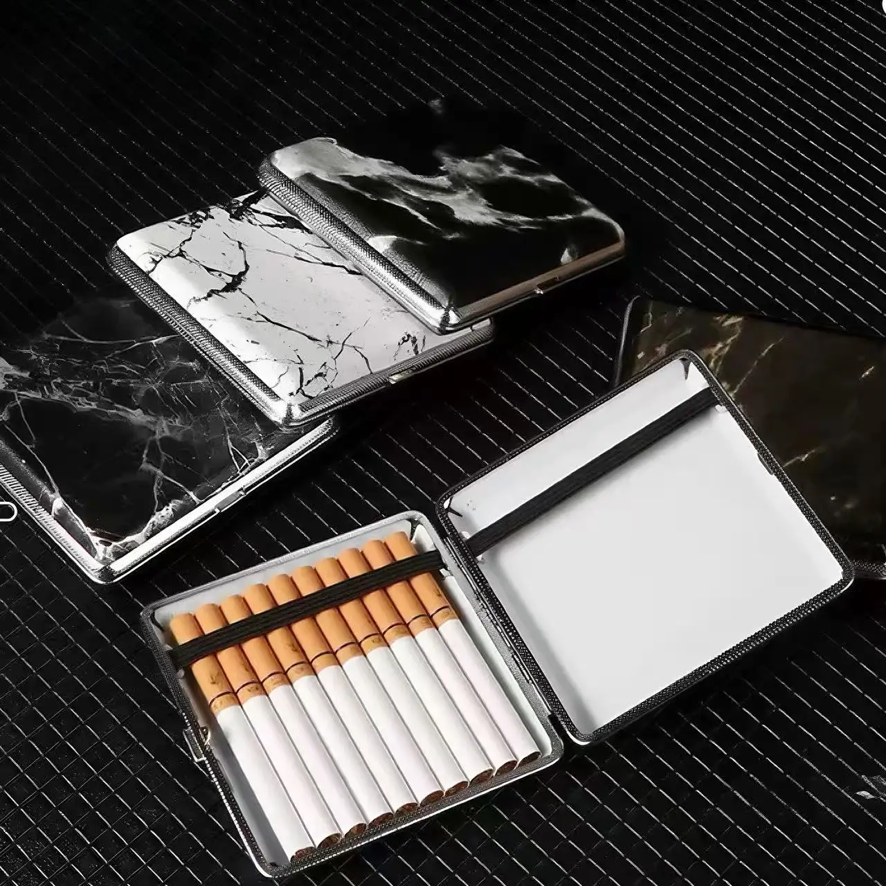 20-Cigarette Faux Leather Case – Marble Pattern, Airtight & Crush-Resistant with 180° Hinge, Portable Slim Cigarette Holder