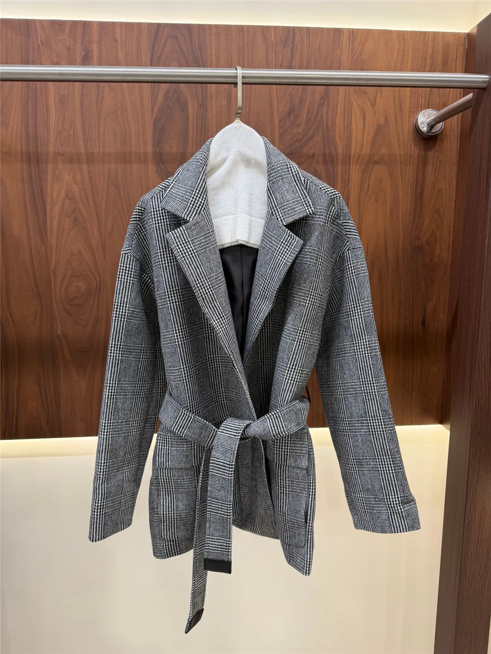 2026 New Collection Women's Wool Blend Plaid Lapel Belted Jacket Coat