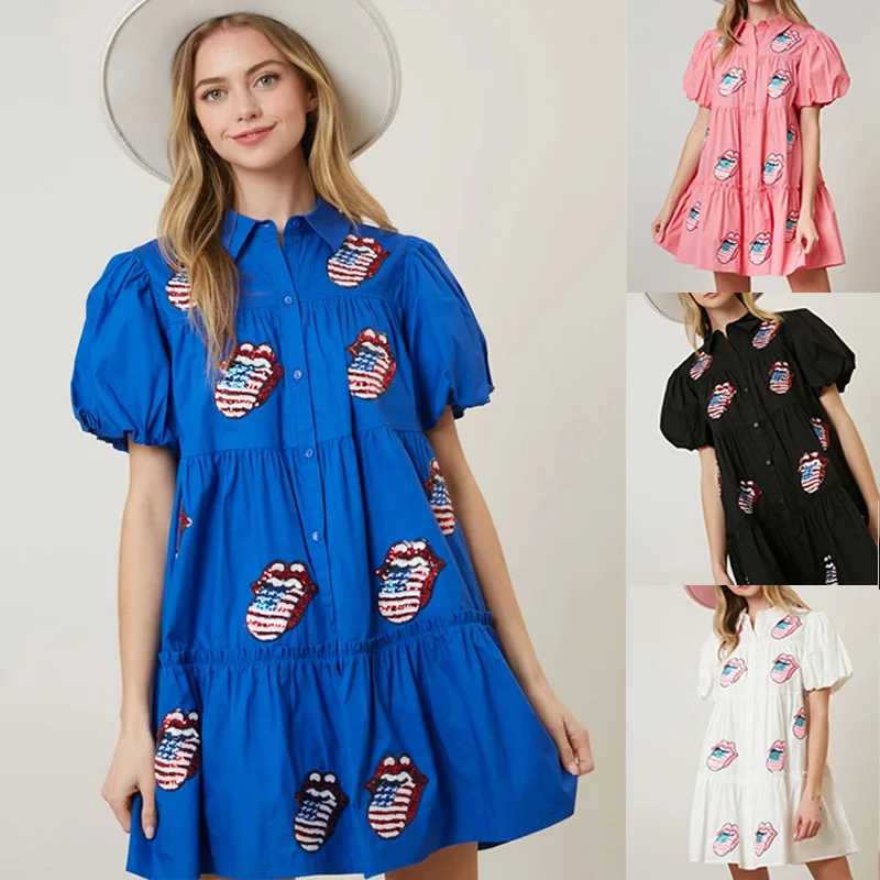 

Big Mouth Sequined Mini Dress Women Fashion Lapel Bubble Sleeve Pleated A-Line Dresses Sweet Single-breasted Shirt Vestidos