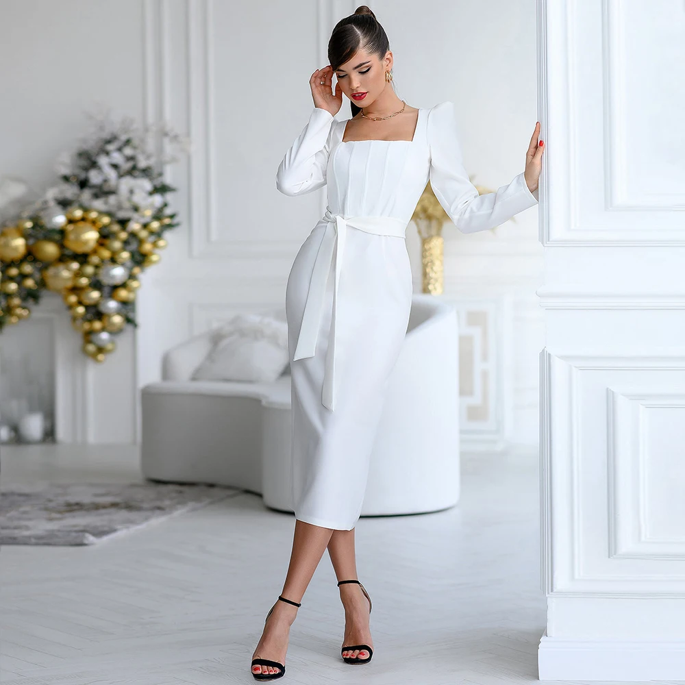 

Elegant Cocktail Dress for Weddings Midi Square Collar Sheath Christmas Dress Long Sleeves Tea Length Sash Simple Cocktail Gowns