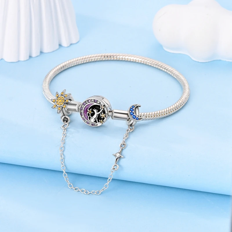 سحر الفضة 925 الشمس القمر والنجوم سلسلة أمان الخرز صالح سحر بلاتا 925 الأصلي سوار النساء صنع المجوهرات غرامة الهدايا