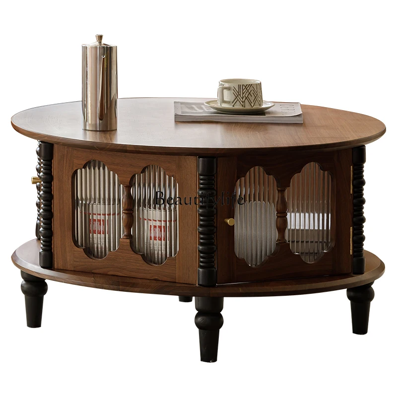 

French retro all solid wood medieval North American black walnut round coffee table