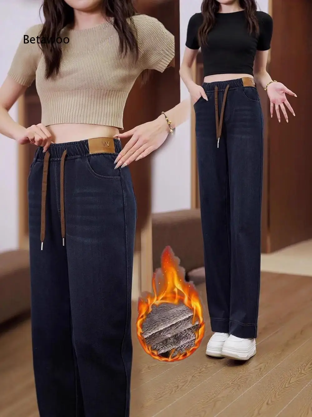 Women Soft Denim Wide Leg Pants Elastic Waist With Drawstring Straight Cut Trousers Comfortable Fabric Relaxed Silhouette For A