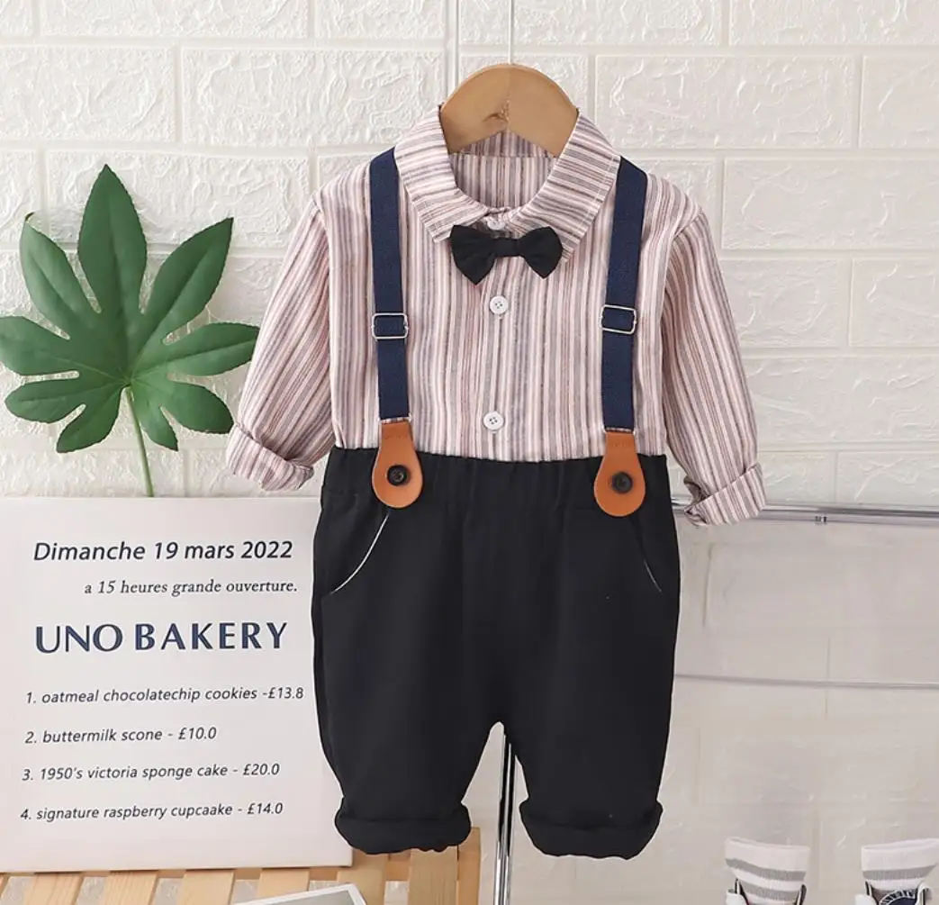 Baby Boy 1st Birthday Outfit Korean Style Clothes Thin Strip Bowtie Long Sleeved Shirt+Overalls Two Piece Infant Boys Sets