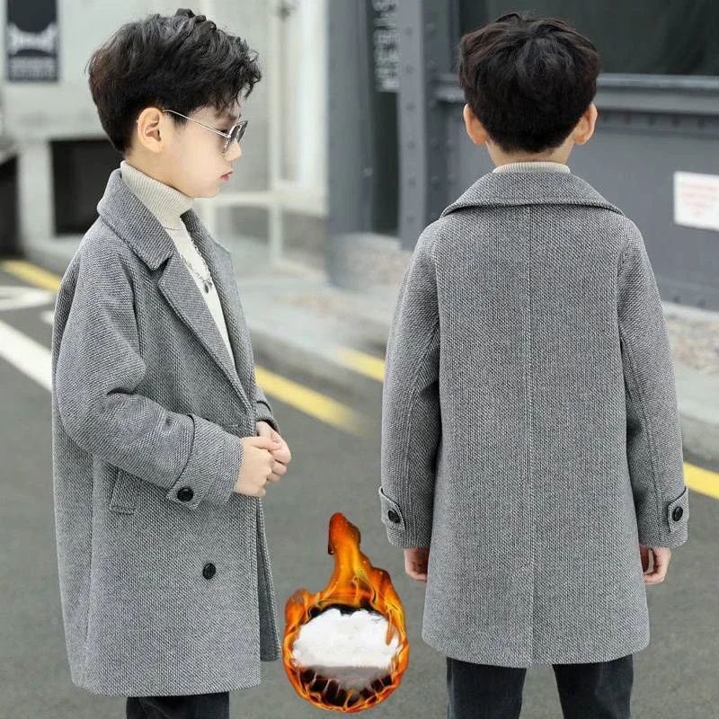 

Winter Woolen Jacket For Boy New 2023 Fashion Thickening Coats Handsome Mid-Length Keep Warm Outerwear Casual Children Clothing