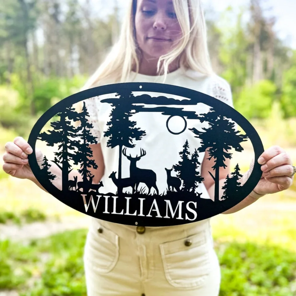 Personalized Oval Deer Metal Cabin Sign, Custom with Family Name Monogram. Ideal Outdoor Hunting Gift, Wilderness Nature Charm