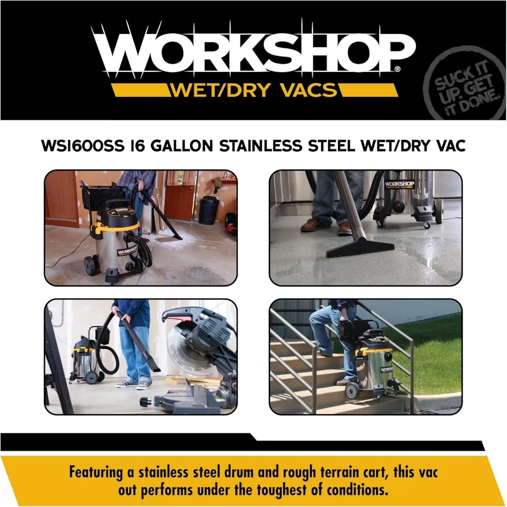 Aspirapolvere umido/secco in acciaio inossidabile da 16 galloni con potenza di picco da 6,5 HP e sistema di filtraggio