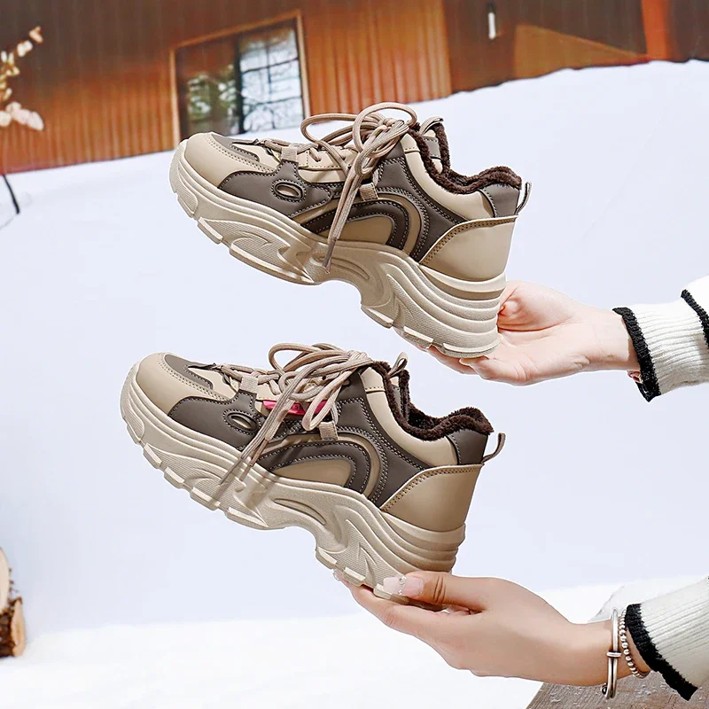 Keep Warm Women Sneakers Middle Follow Thick Sole Woman Casual Shoes Fashion Non-slip Beige Comfortable Zapatillas De Deporte