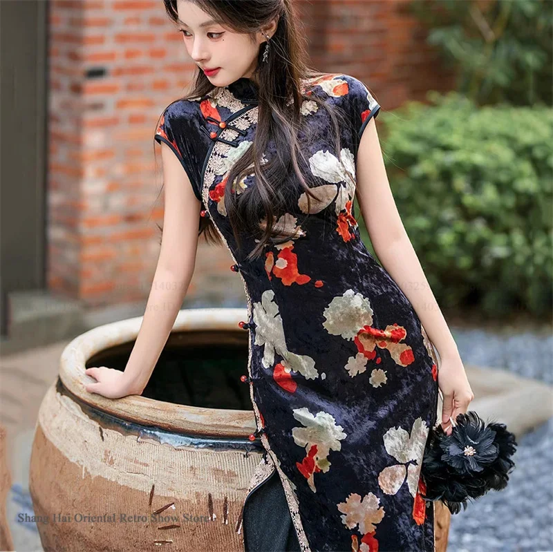 

Сексуальное облегающее платье-ципао с разрезом, с цветочным принтом, из бархата, длинное, винтажное, классическое китайское платье, традиционная одежда в восточном стиле