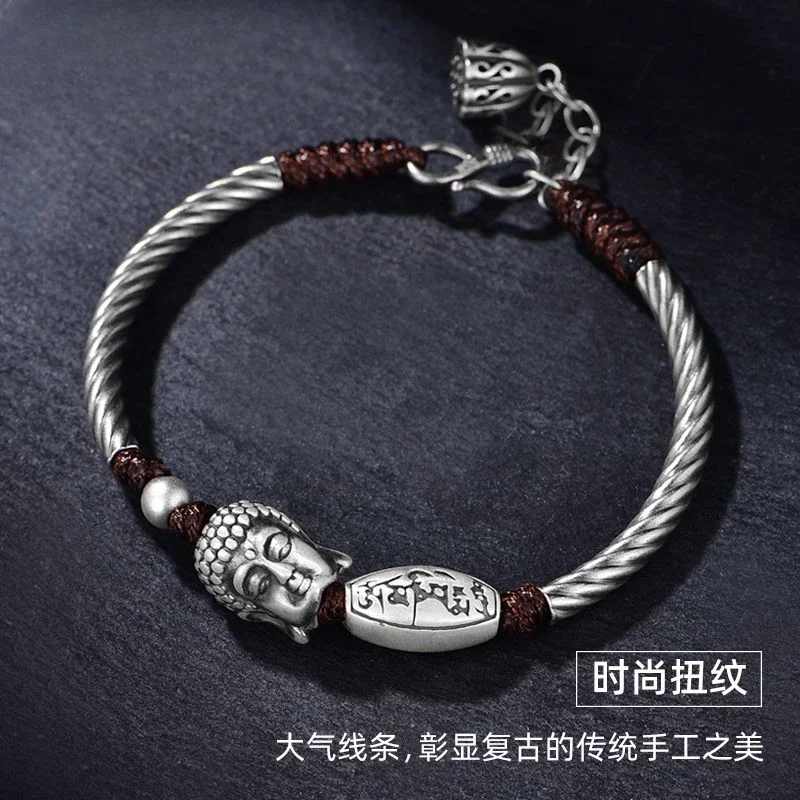 

Mencheese Original New Silver 999 Six Words Mantra Buddha Bracelet Couple's National Style Birthday Gift for Boyfriend