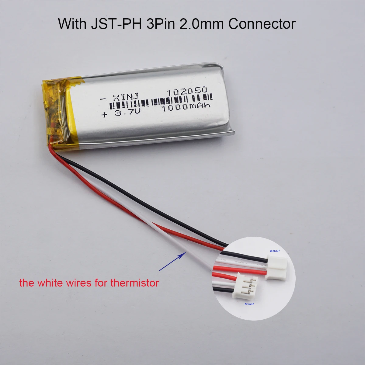 3.7 فولت 3.7Wh1000 مللي أمبير 3 أسلاك الثرمستور بطارية ليثيوم 102050   JST 3Pin 2.0mm متوافق مع مكبر صوت بلوتوث GPS DashCam LED