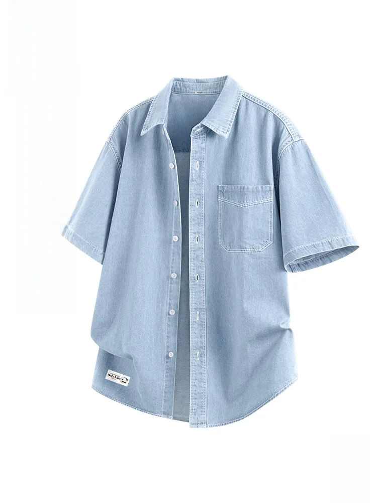 

Pure Cotton Denim irt Men's Summer New Sle American Light Blue ort Sve irt Loose Fit Breathable Casual