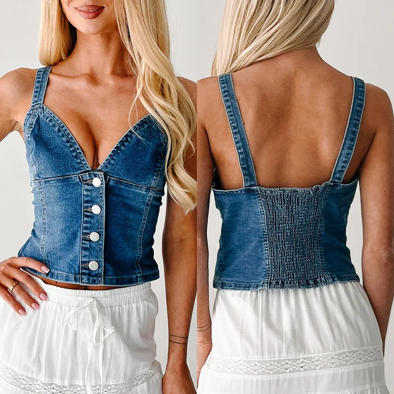 Zeyla المرأة زر معدني متابعة العميق الخامس الرقبة سترة جينز سليم صالح أكمام مفتوحة الظهر Smocked جان تانك القمم الصيف الشارع الشهير قميص #2