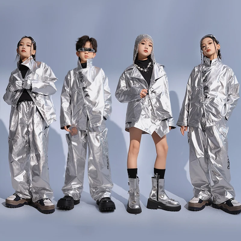 New Kids Street Wear Silver Reflective Coat Pants Girls Jazz Dance Costumes Boys Hip Hop Clothing K-pop Stage Outfits SL9511