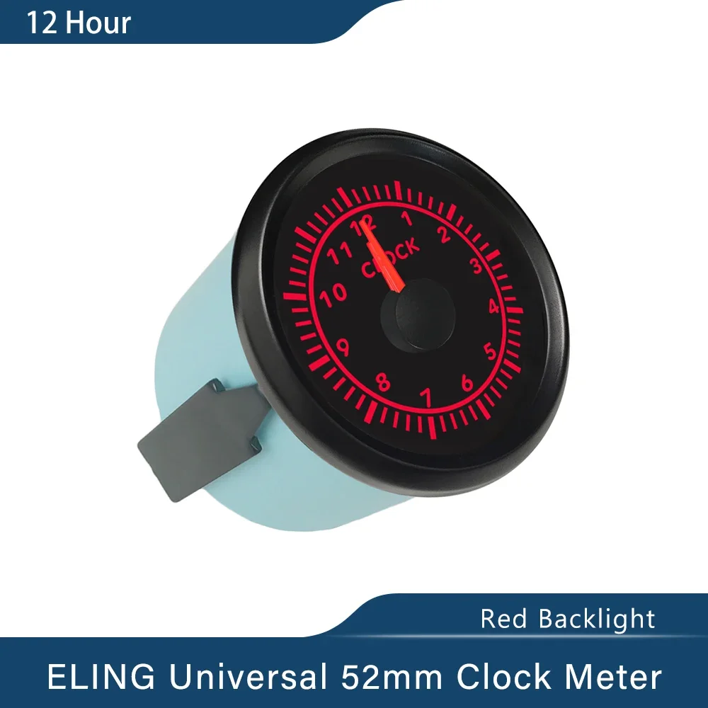 ELING Waterproof 52mm 2" Clock Meter Gauge 12 Hour Format with Red Backlight 12V 24V for Car Boat Yacht