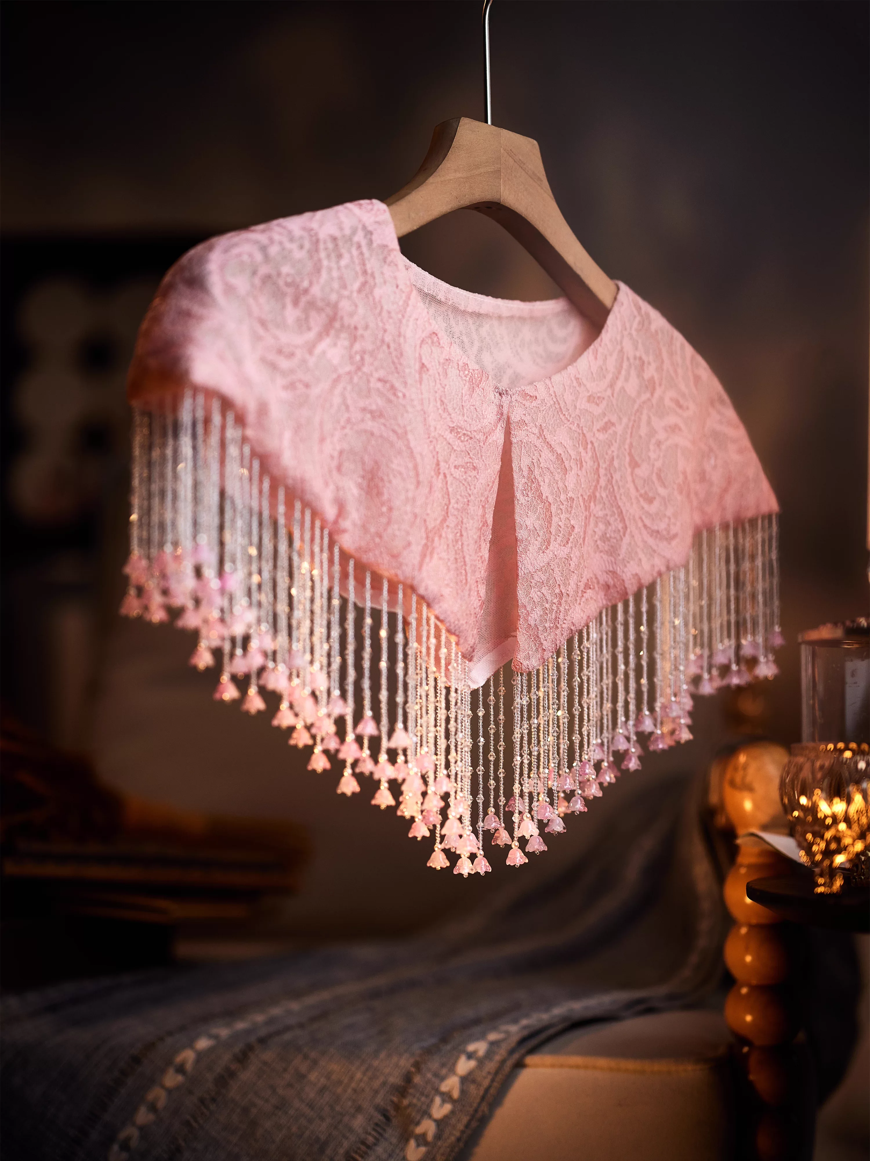 

Women's Vintage Pink Lace Tassel Pashmina Female Spring Summer Vintage Shawl Cloak Collar R2357