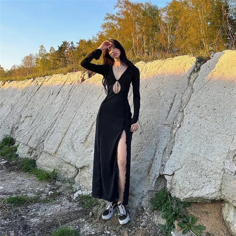 Sexy Lightly Mature Hollow-out Long-Sleeved Dress Women's Pure Hot Girl Slimming Slit Fashionable Nightclub Wind Long Dress