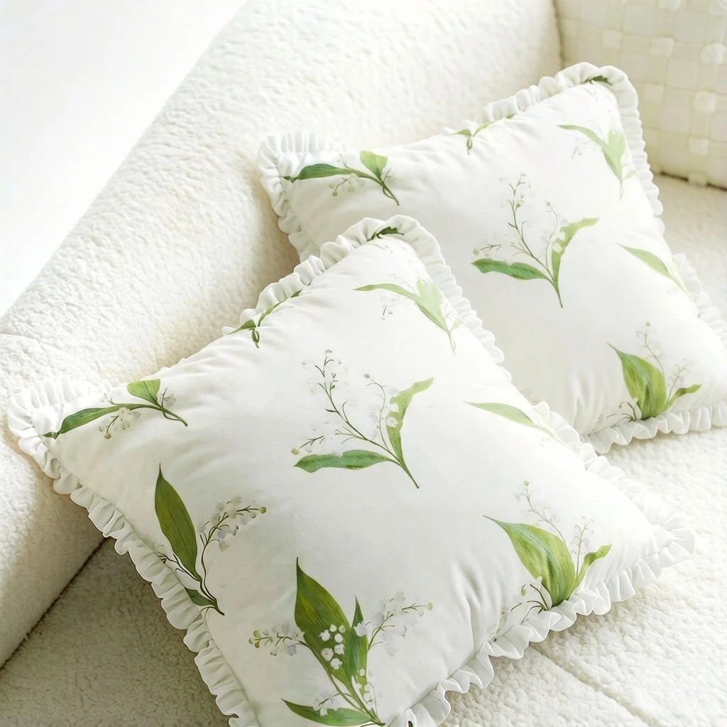 

Ruffled Edges Square Pillowcase Pastorale Sofa Cushions in Green with Cute Flower Nordic Style Pillowcase