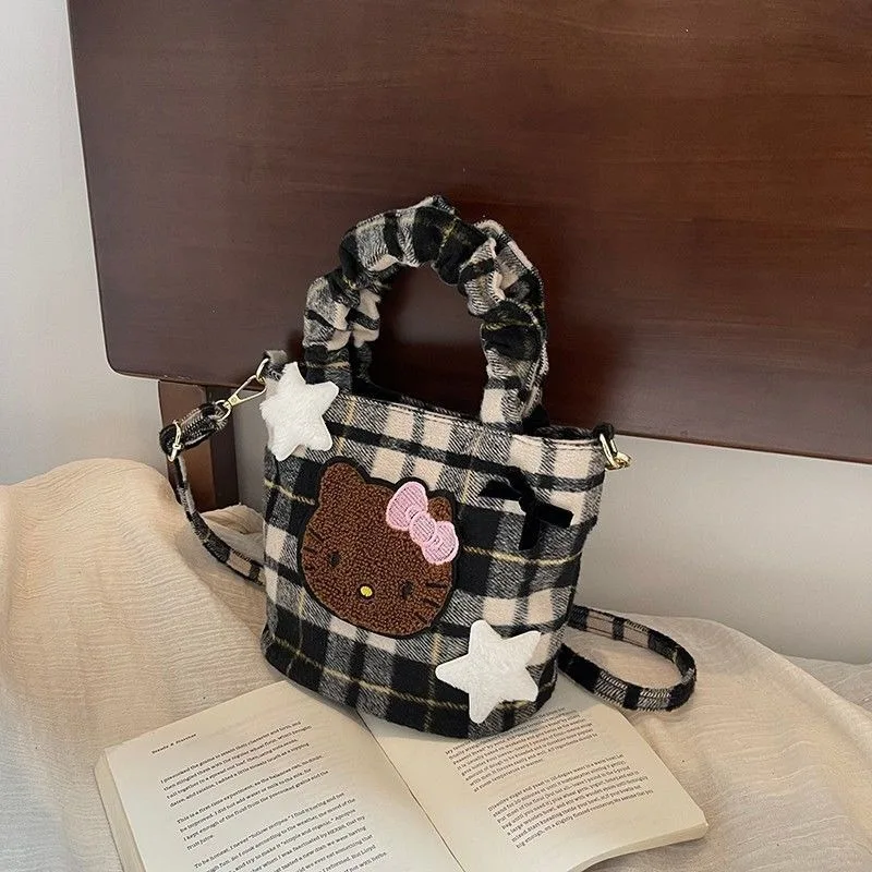 Urocza torebka damska na ramię z motywem Hello Kitty, codzienna, retro, wełniana torba crossbody, damska portmonetka, torba na zakupy.