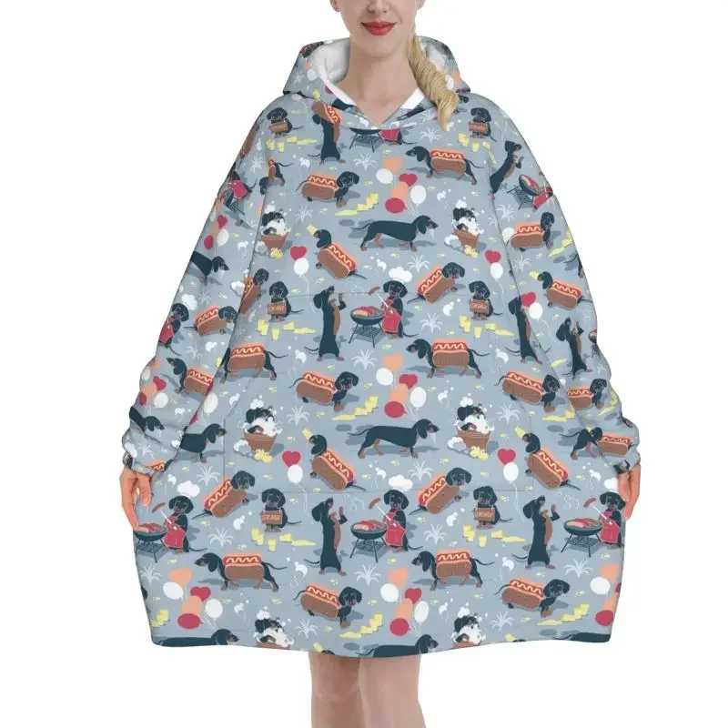 Cute Dachshund Wearable Blanket Hoodie Oversized Hooded Blankets for Women Soft Warm Cozy Flannel Fleece Pullover Sweatshirt