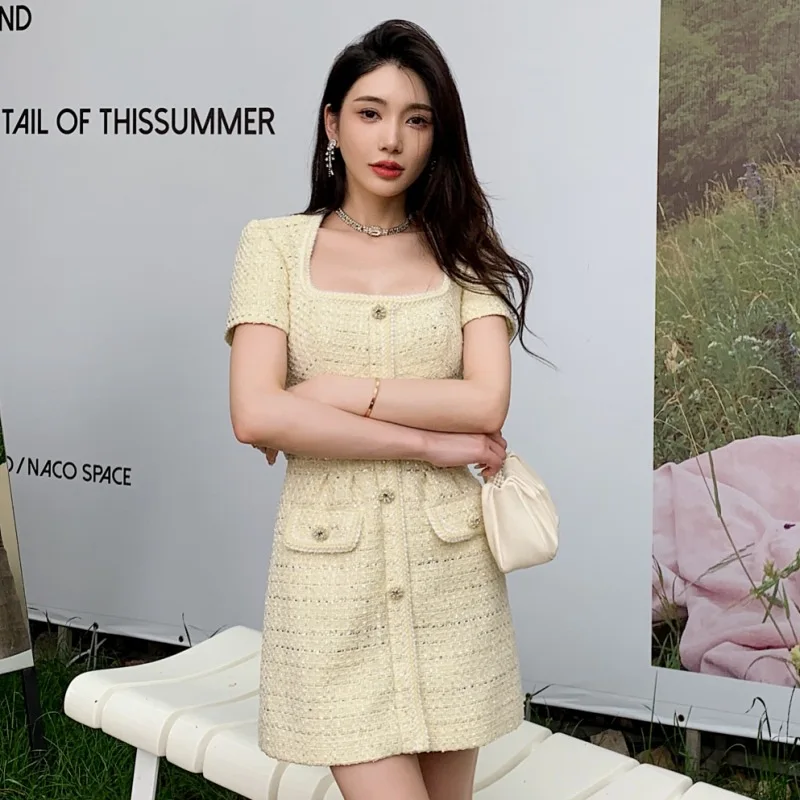 JHJN French Style Retro Tweed Elegant A Celebrity T-shirt Square Collar Dress For Women High Waist Thin Delivery Belt