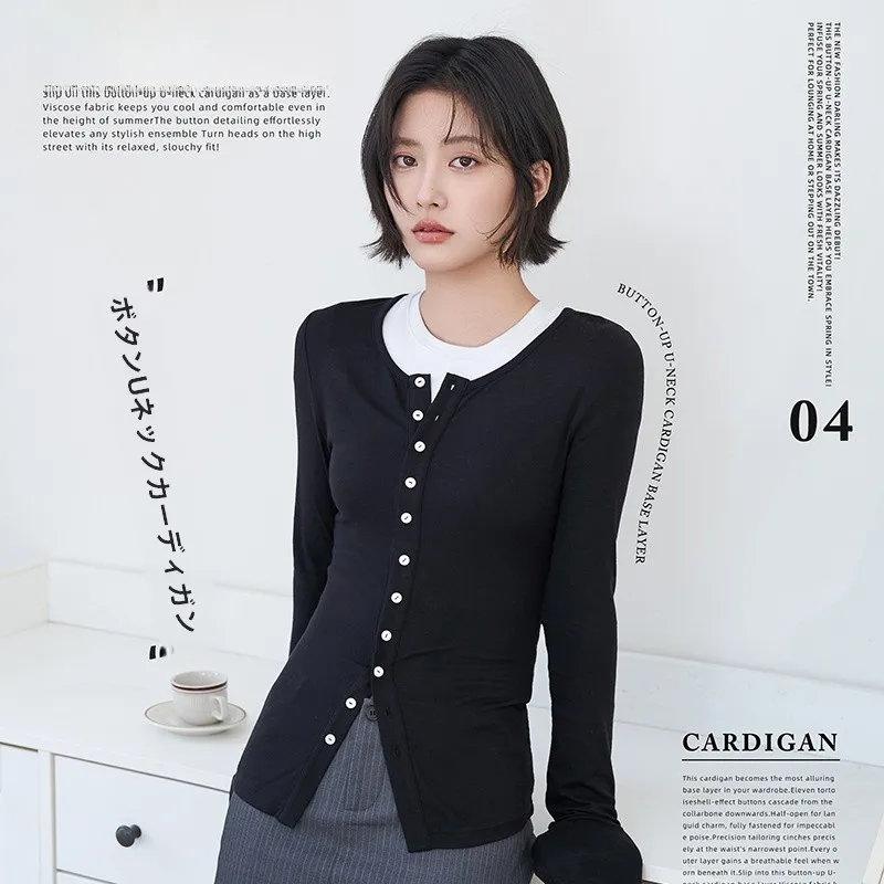 good-fa-2026-春夏ニットボタンuネック多用途着用法カーディガンベースシャツ26333シンプルスタイルナイロン生地ピュアカラー