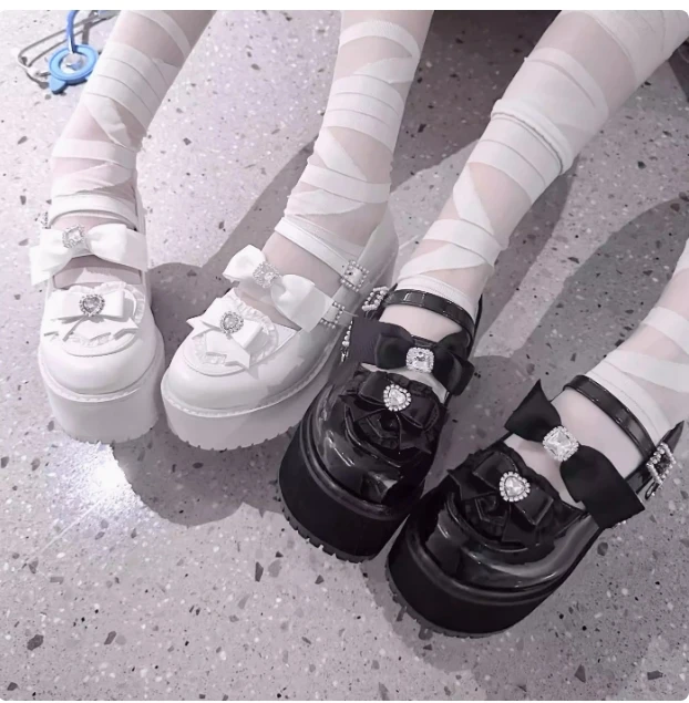 Japanese Mine-Style Platform Shoes Asian Culture Black White Loafers for Women Students Rhinestone Bow JK Uniform Shoes Pumps