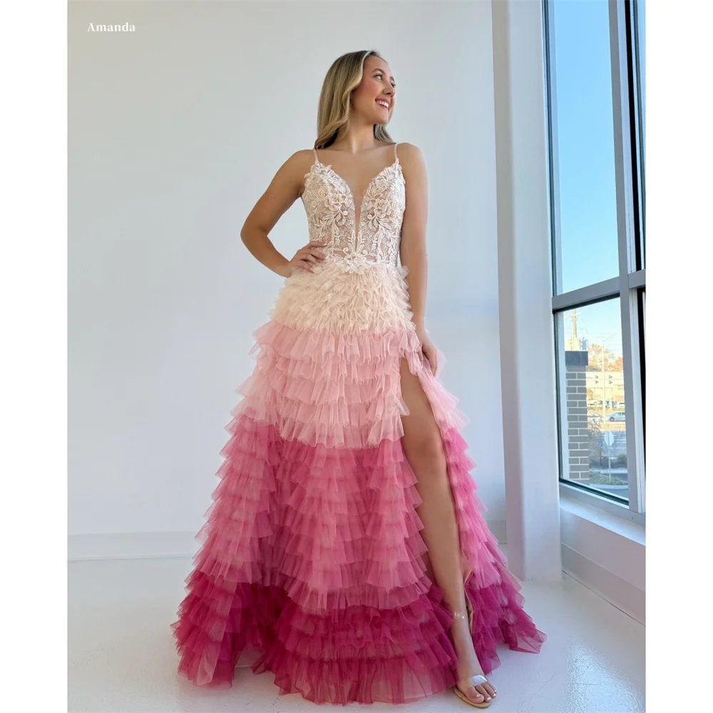 

Amanda Индивидуальные платья для выпускного вечера трапециевидной формы на тонких бретельках с высоким разрезом и многоуровневыми рюшами, платья de noche, без рукавов, торжественное вечернее платье