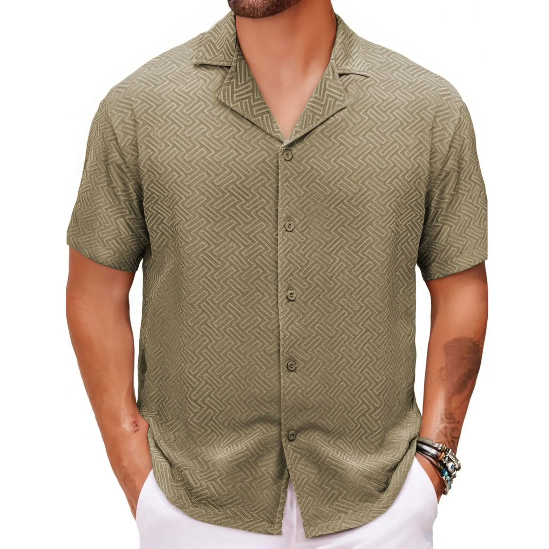 Men Shirt Summer New Style Solid Color Short Sleeved Jacquard Men's Shirt Streetwear Clothing
