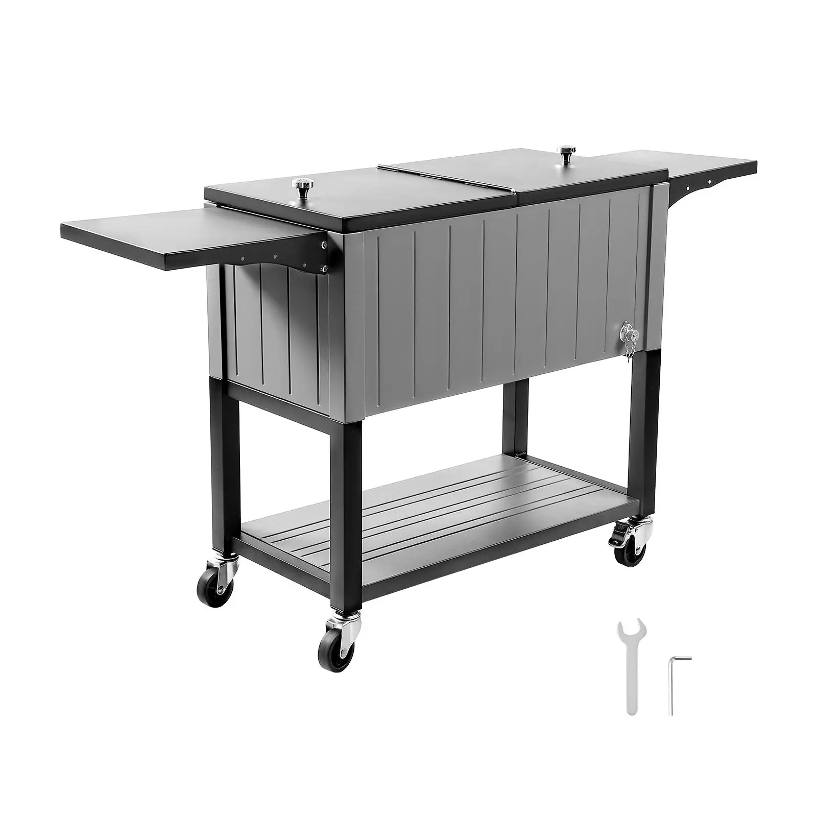 80QT Rolling Ice Chest Portable Drink Cooler Cart with Bottom Shelf Foldable Side Shelves Swivel Wheels and Bottle Opener