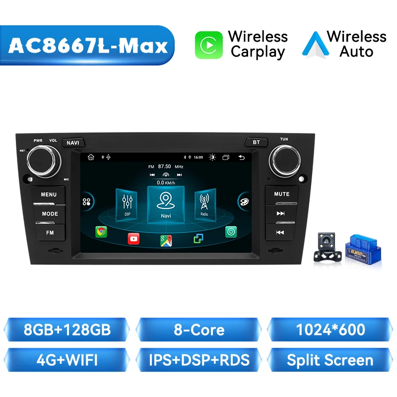 Draadloze Carplay Auto Multimedia Radio Speler Voor BMW E90/E91/E92/E93 Android 14 8 GB 128 GB Navigatie DSP Stereo GPS 4G Wifi IPS