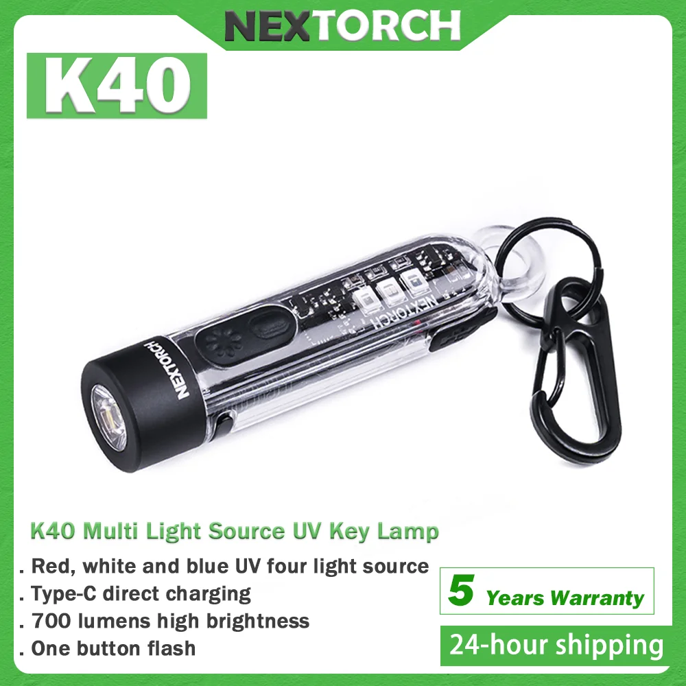 NEXTORCH K40 700 Lumen Torcia Multi-Luce Chiave Luce di Segnale di Avvertimento di Emergenza 365nm UV Mini Portatile EDC Ricaricabile