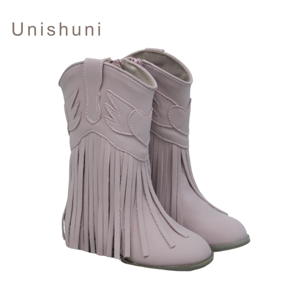 Unishuni-Botas occidentales con borlas para niña, Botines de tacón alto hasta la rodilla, color marrón, rosa y blanco, con cremallera